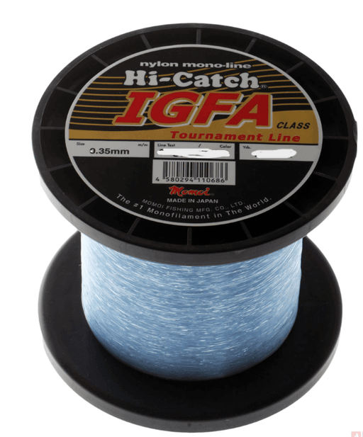 IGFA Momoi 8kg 10kg 15kg 24kg 37kg Bulk spools of Hi-Catch nylon monofilament fishing line in ice blue.