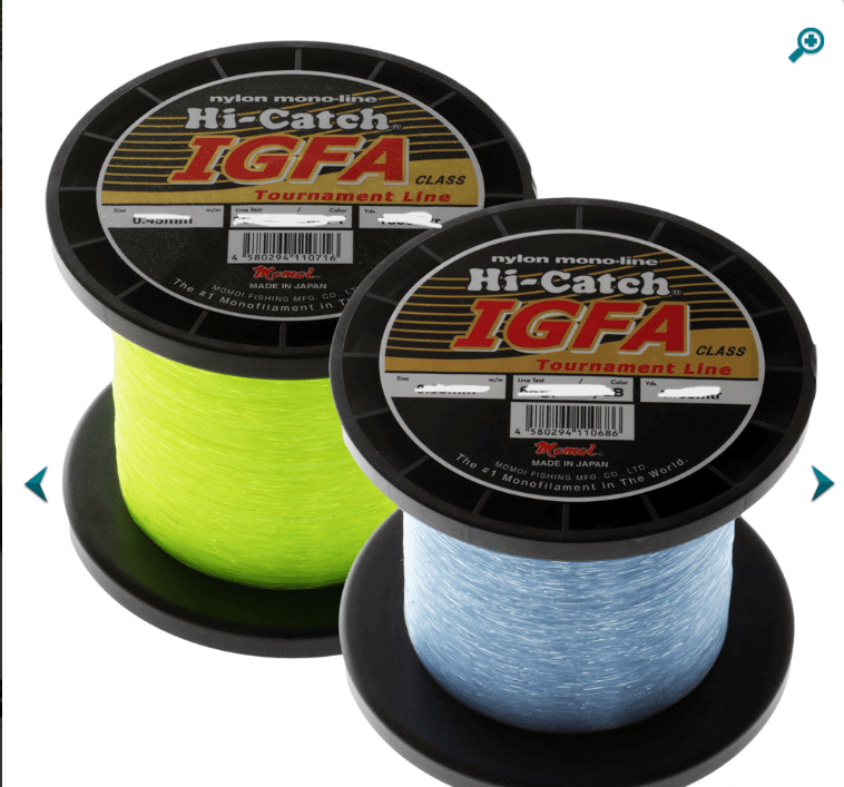 IGFA Momoi 8kg 10kg 15kg 24kg 37kg Bulk spools of Hi-Catch nylon mono-line in Ice Blue and Fluoro Yellow.
