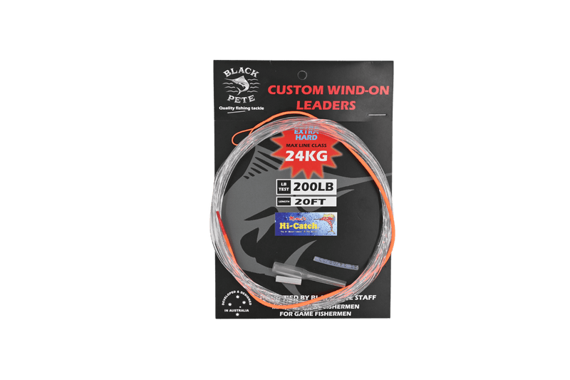 Momoi Wind On Leader Monofilament 20 Footby Black Pete packaging with 200LB and 24KG ratings.