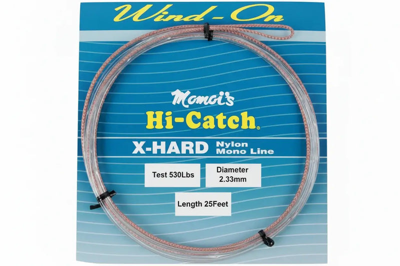Momoi X-Hard Wind On Leader – 220lb 1.45mm with blue and white packaging and detailed specifications.