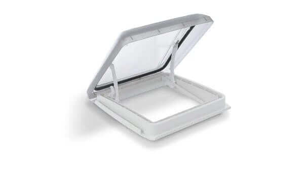 MPK 400 x 400mm Vision Star Roof Vent - Signal White Tinted opened, showcasing its quality design and aesthetics.