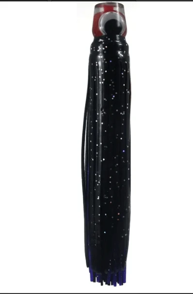 Mrs Palmer Daughter Black fishing lure designed to mimic big bait fish with realistic action and sparkly skirt.