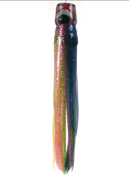 Mrs Palmer Daughter Evil fishing lure with glittering skirt and large 3D eyes, designed for marlin and tuna.