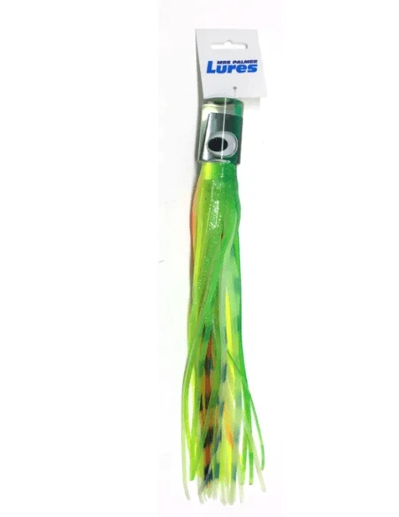 Mrs Palmer Daughter Green Lumo fishing lure designed to mimic big bait fish with double skirt and glow bead.