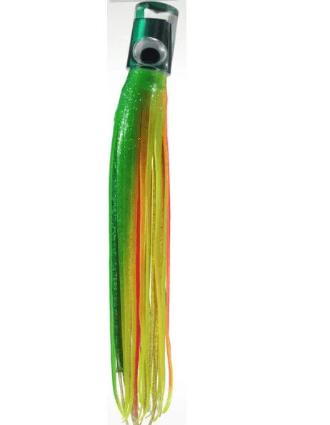 Mrs Palmer Original Green/Gold fishing lure with large 3D eyes and double-skirted design for realistic baitfish action.