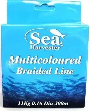 Rainbow Braid 300 m Spools packaging featuring multicoloured braided fishing line by Sea Harvest.