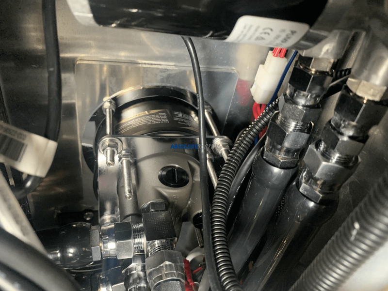 Maxtek Marine Helm Reccess Kit installation showing hydraulic components and connections.