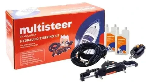 MULTIFLEX 250 Hydraulic Steering Kit with hydraulic helm, cylinder, hose, and oil bottles in packaging.