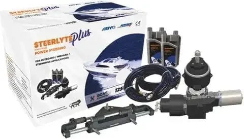 Steerlyte Plus Packaged Power Steering System For Engines Up To 350 HP, includes helm pump, cylinder, and hydraulic hoses.