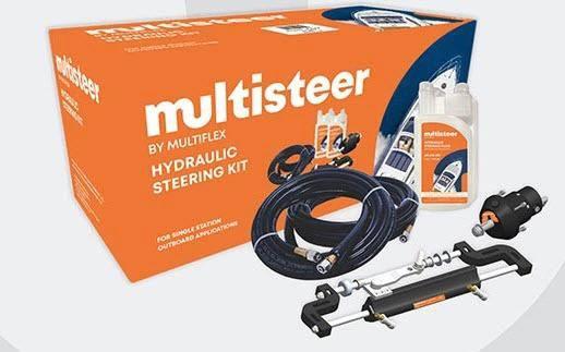 Packaged Outboard Hydraulic Steering OH-350-CR Multisteer Hydraulic Steering Kit components in packaging.