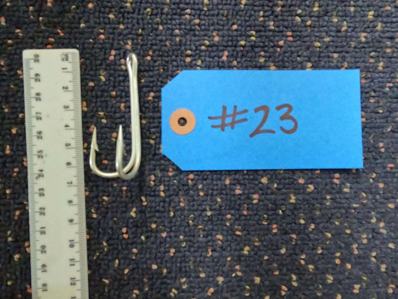 No.23 Double Tuna Trolling Hook - 1 piece displayed with measurement ruler and blue tag