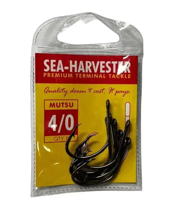 Mutsu Hook 4/0 Pkt 8 in packaging, premium self-setting fishing hooks for mouth hooking fish.