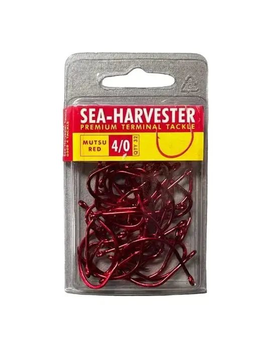 Mutsu Red Hook 4/0 Bulk 32 pack of premium self-setting fishing hooks in red color for rigging baits.