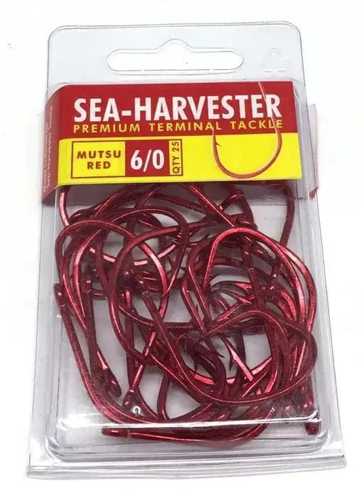 Mutsu Red Hook 6/0 Bulk 25 hooks in packaging, featuring self-setting design for effective fishing.