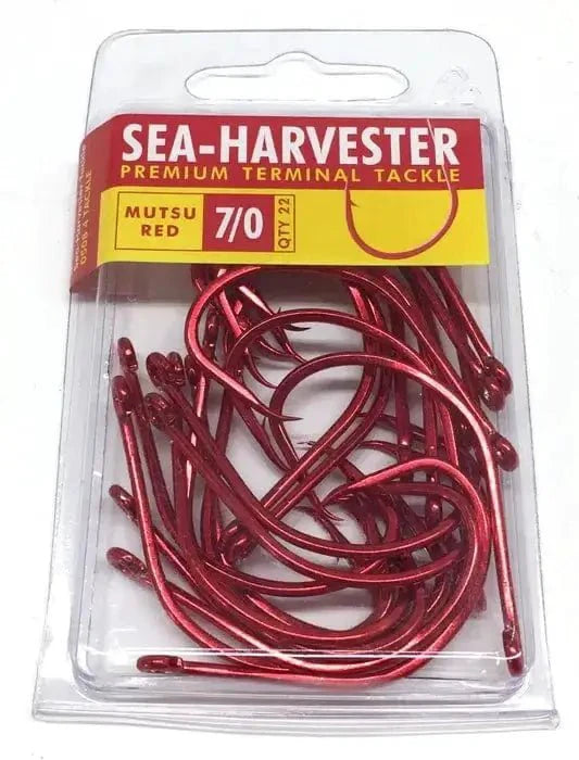 Mutsu Red Hook 7/0 Bulk 22 pack of self-setting fishing hooks for mouth hooking fish.