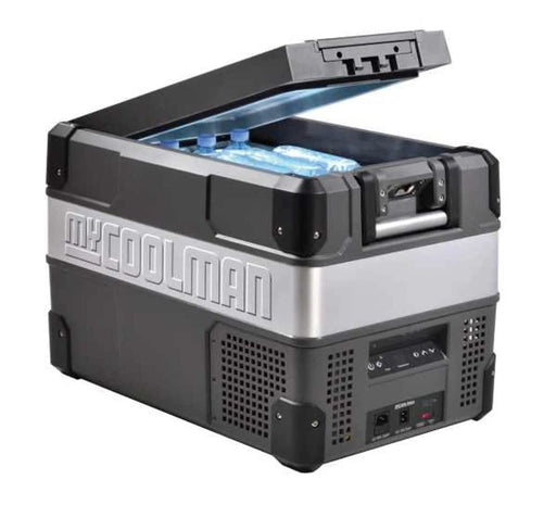 MyCoolman Portable Fridge 36L Single Zone AC-DC with open lid and ice packs inside.