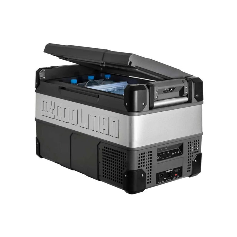 MyCoolman Portable Fridge 53 Litre with two-way reversible lid and integrated bottle openers.