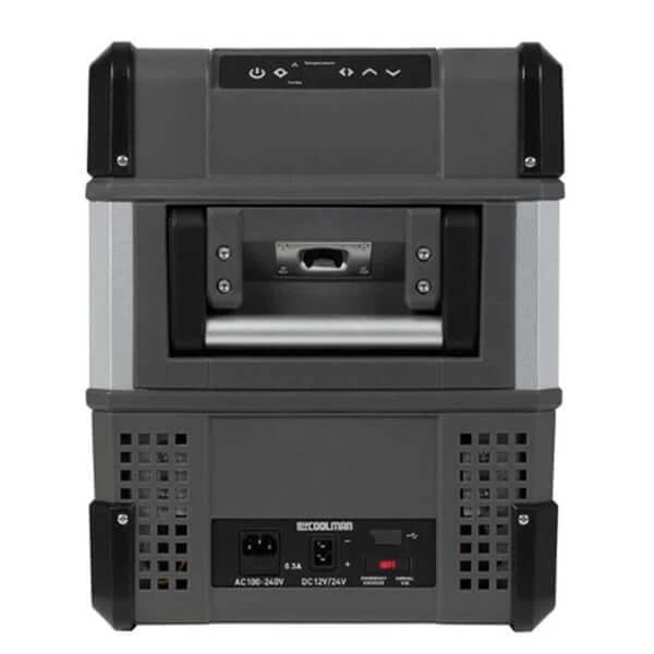 MyCoolman Portable Fridge 36L Single Zone AC-DC with Free Cover back view showing power inputs and controls.