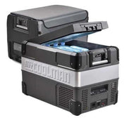 MyCoolman Portable Fridge 36L Single Zone AC-DC with Free Cover open showing blue cooling packs inside.