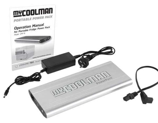 MyCoolman Portable Battery Pack with operation manual and accessories for portable fridge power.