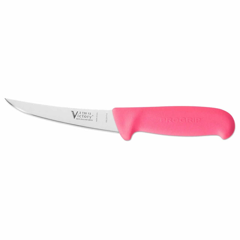 Narrow Curved boning knife Pink  2-720-13-200PK with a pink handle, ideal for boning and trimming protein.