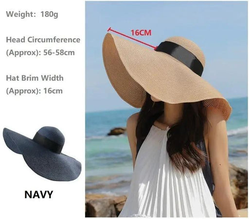 NAVY- 16cm Wide Brim Women Lady Sun Straw Hat Floppy Derby Summer Beach Cap by dealonline.co.nz
