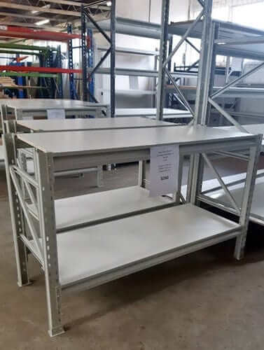 New Workbench 1000x1500x600-2Level ST Longspan in a warehouse setting with adjustable shelves.