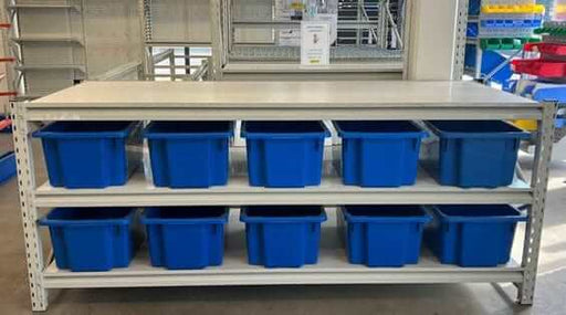 New Longspan Workbench featuring 10 blue bins on shelves with a sturdy wooden top.