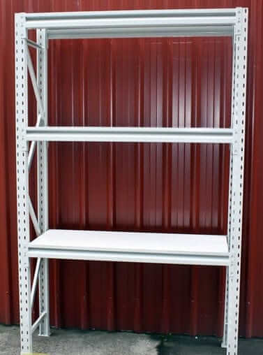 New Longspan  Racking/Shelving 2100x1200x900-3Level white shelving unit with three levels.
