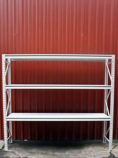 New Longspan Racking/Shelving 2100x1500x600-3Level shelving unit against a red background.