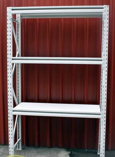 New Longspan  Racking/Shelving  2400x1200x450-3Level with three levels and white shelves.