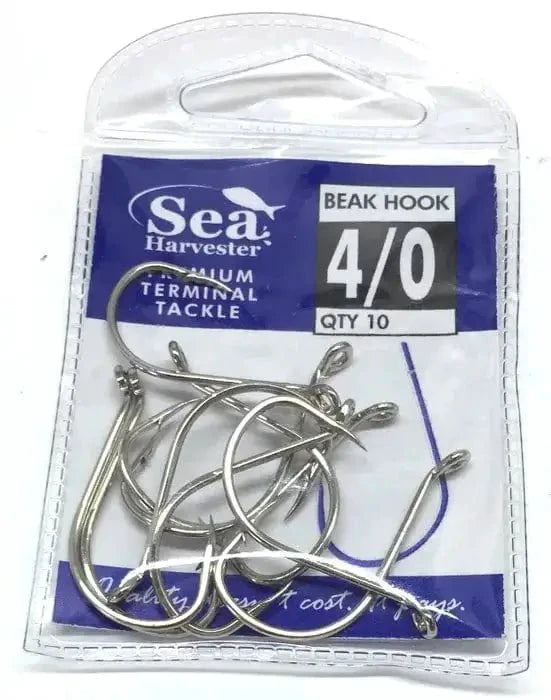 Nickle Beak Hook 4/0 Pkt 10 pack of fishing hooks in clear packaging, ideal for various baits.
