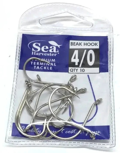 Nickle Beak Hook 4/0 Pkt 10 pack of fishing hooks in clear packaging, ideal for various baits.