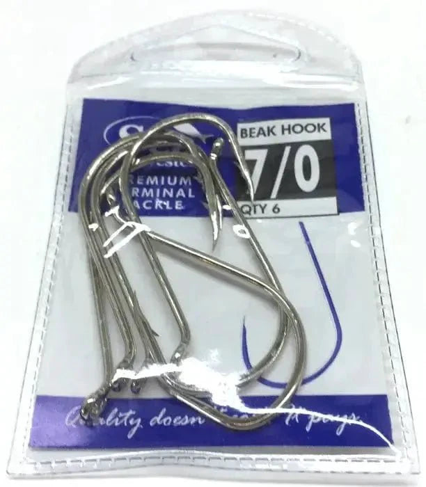 Nickle Beak Hook 7/0 Pkt 6 in a clear packaging, showcasing premium fishing terminal tackle.