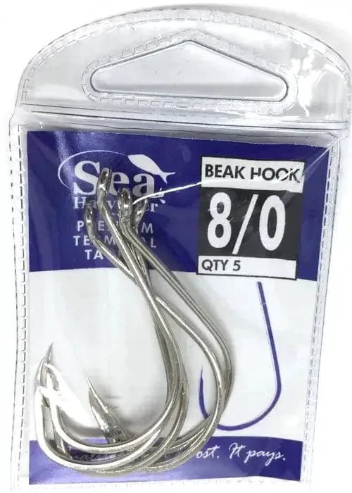 Nickle Beak Hook 8/0 Pkt 5 in packaging, featuring strong and lightweight design for fishing with various baits.