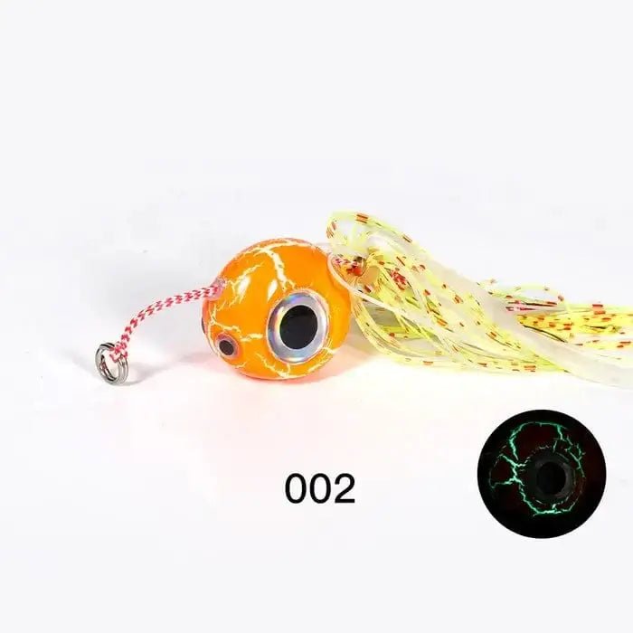 Noeby Kabura Glow Orange 40 Gram #14 Hooks with yellow strands for fishing lures.