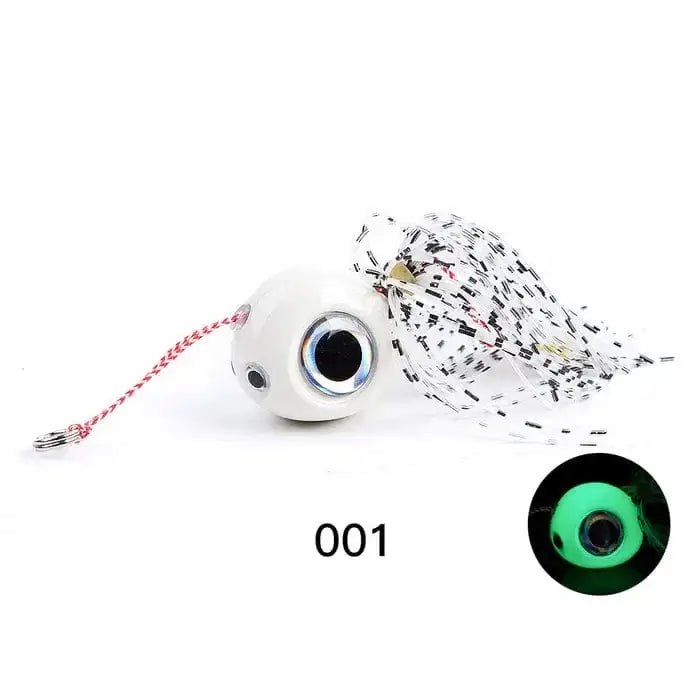 Noeby Kabura Glow White 80 Gram #14 Hooks showing jig design with glowing feature and fishing line.