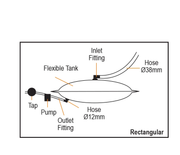 Diagram of Flexible Water Tank - 100 litres Rectangular showing fittings and connections.