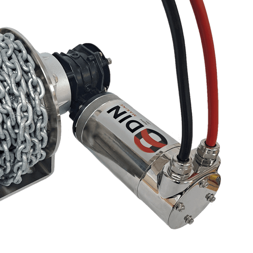 ODIN 900 Drum Winch with stainless steel body and sealed connection leads for waterproof performance.