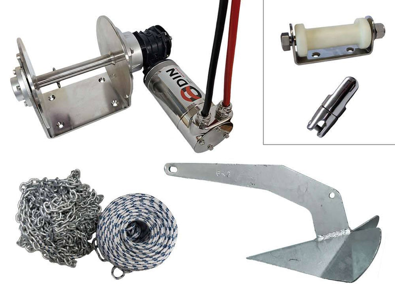 Odin Drum Winch - Complete Anchoring Package including winch, chain, rope, anchor, and roller.