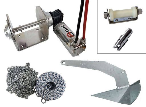 Odin Drum Winch - Complete Anchoring Package including winch, chain, rope, anchor, and roller.
