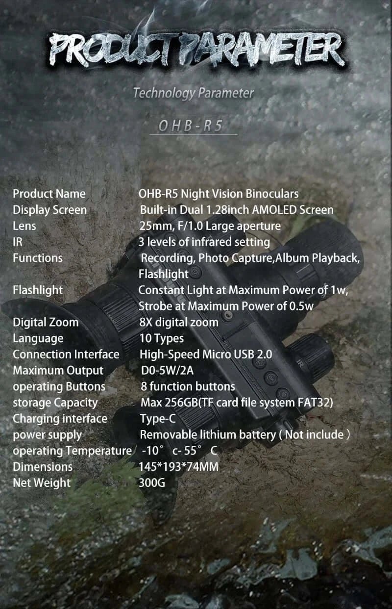 China China OHB-R5 OHB-R5 Digital Binoculars 1080P HD Night Vision 600M Long Range Hunting with IR & Tacticle Flashlight Head Mounted Video
