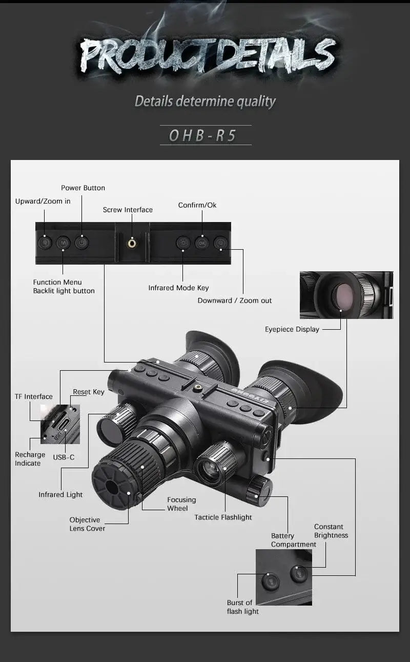 China China OHB-R5 OHB-R5 Digital Binoculars 1080P HD Night Vision 600M Long Range Hunting with IR & Tacticle Flashlight Head Mounted Video