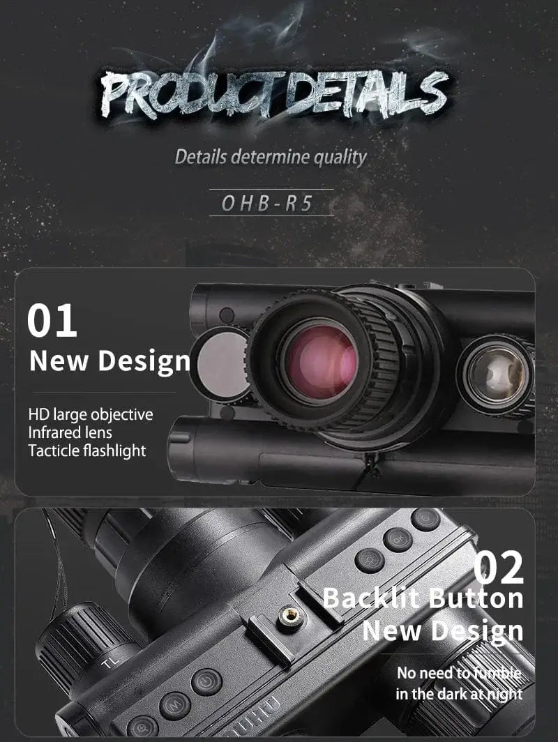 China China OHB-R5 OHB-R5 Digital Binoculars 1080P HD Night Vision 600M Long Range Hunting with IR & Tacticle Flashlight Head Mounted Video