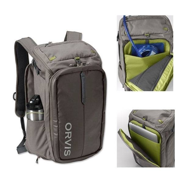 Orvis Pack Bug Out Backpack Sand 25lt featuring multiple compartments for fishing and travel.