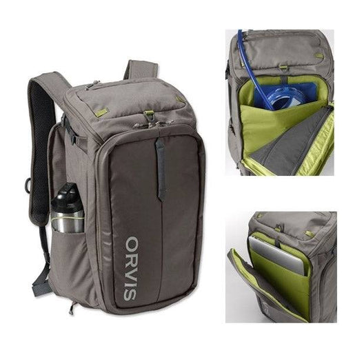 Orvis Pack Bug Out Backpack Sand 25lt featuring multiple compartments for fishing and travel.