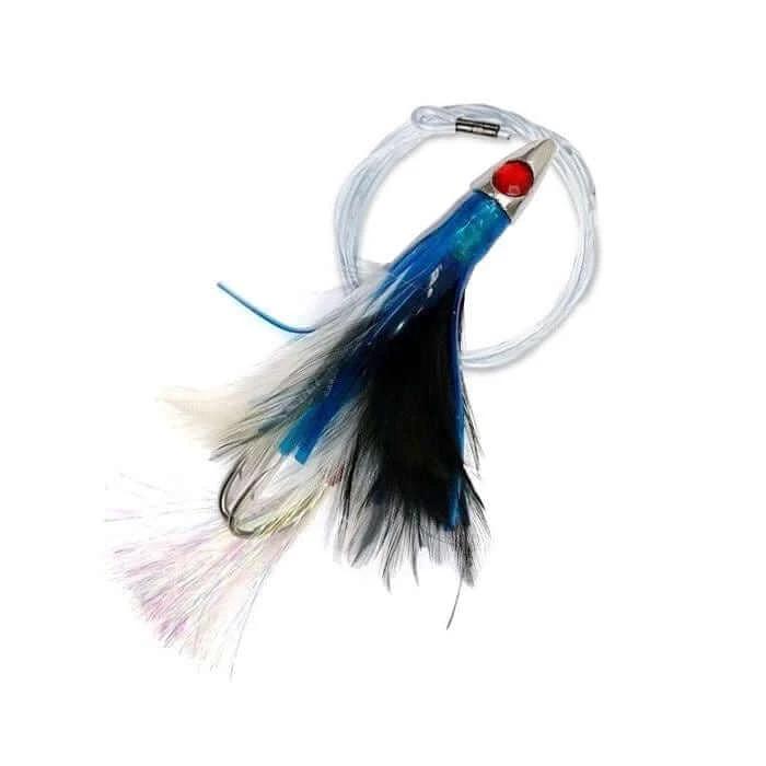 Pacific Teaser - Blue White - Rigged, metal-head tuna lure with double hook and monofilament trace.