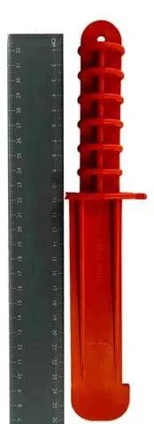 Paua Knife/Measure Tool - a red plastic knife and ruler for measuring paua while minimizing harm to fisheries.