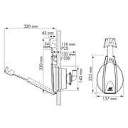 Diagram showcasing dimensions of Plastimo Manual Bilge Pump 925, illustrating components and measurements for installation.