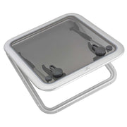 Plastimo Deck Hatch Aluminium 502mm x 502mm with satin-finish aluminium frame and grey acrylic glass.